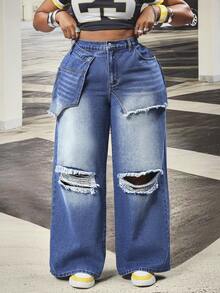 Slaydiva Plus Size Women Pocket Button Distressed Casual Versatile Daily Wear Wide Leg Jeans - Blue - View 3