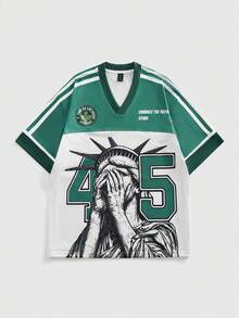 ROMWE MEN Men's Modern Symbolic Emotional Streetwear Numeric Print Short Sleeve T-Shirt - Green - View 1