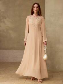 MOTF PREMIUM CHIFFON ROUND NECK DRESS WITH EMBROIDERED BEADED DETAIL, ELEGANT MINIMALIST - Camel - View 5