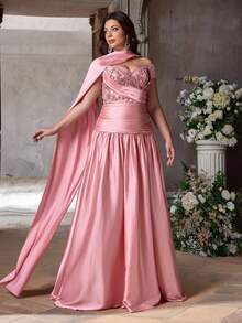 Aureia Đầm maxi cỡ lớn, thanh lịch, lãng mạn, màu hồng đậm, cổ tim, thêu ngọc trai, eo xếp ly, chất liệu chiffon, thích hợp cho đám cưới, tiệc tùng, dạ hội (được trang trí cầu kỳ). - Bụi hồng - Xem 7
