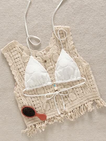 Swim Mod Summer Vacation Random Print Ribbed Texture Shell Decor Triangle Cup Sexy Women Camisole Top