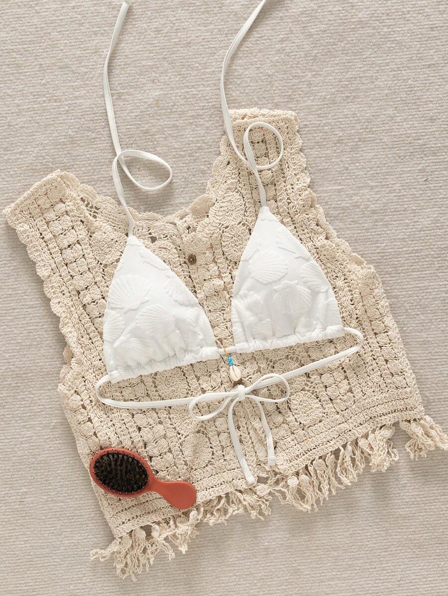 Swim Mod Áo hai dây gợi cảm cho nữ, họa tiết sọc ngẫu nhiên, kiểu dáng vỏ sò, cúp ngực tam giác, thích hợp cho kỳ nghỉ hè. - trắng - Xem 1