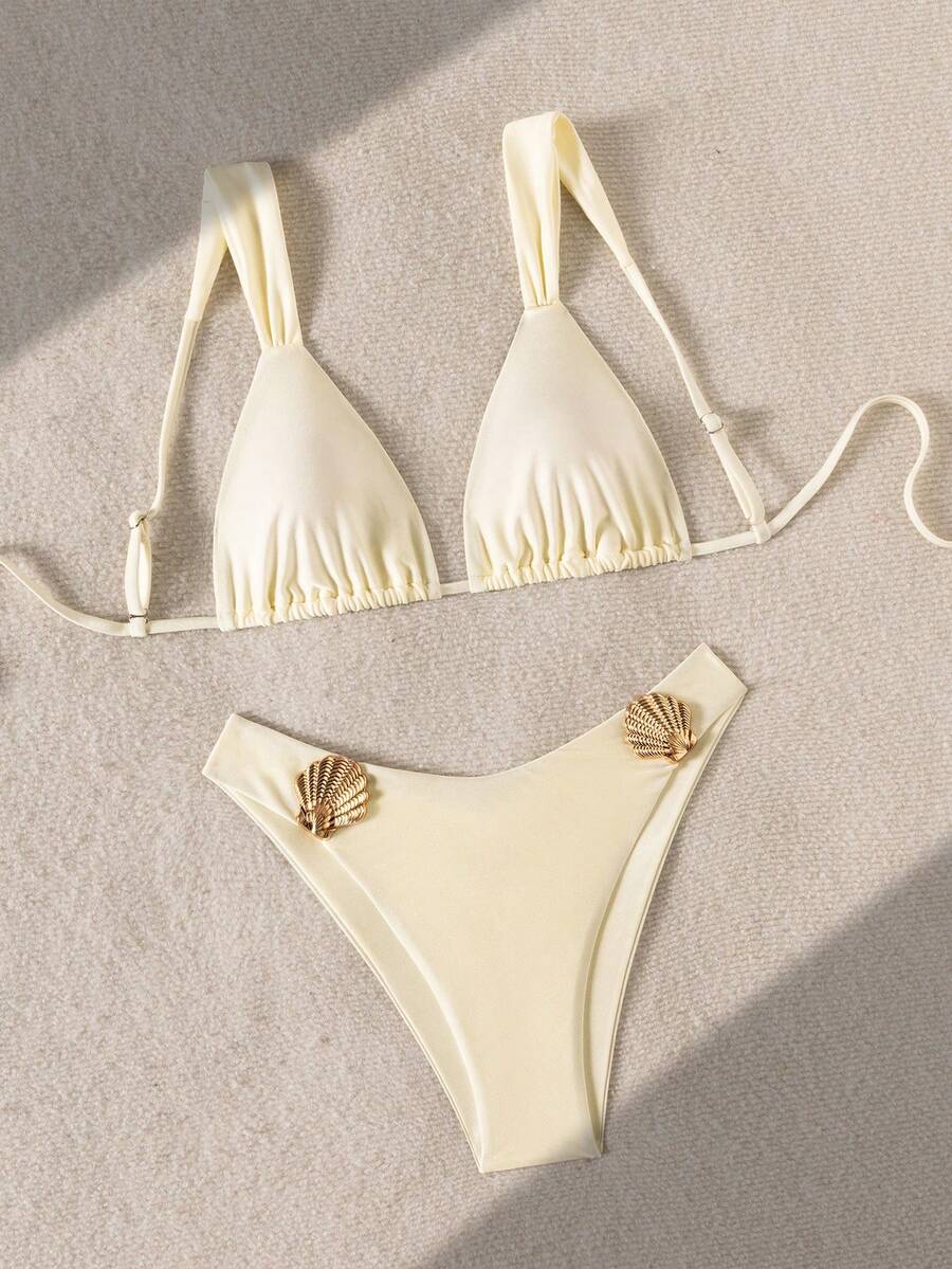 Swim Vcay 2件套夏季度假亮面纯色加宽肩带金色扇贝装饰三角比基尼上衣和高衩泳裤性感泳装套装奶油色比基尼泳衣三件套三件泳衣套装奶油色两件套比基尼三件套女士比基尼套装女士沙滩装比基尼泳衣套装女士泳衣套装女士泳装 - 杏色 - 查看 1