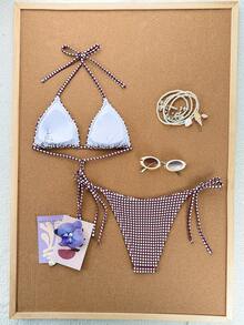 Swim Mod 2026 Spring/Summer Spaghetti Strap Halter Neck Purple & Red Plaid Side High Cut Lace-Up Thong Panties, Sweet Vacation Style For Women - Multicolor - View 2