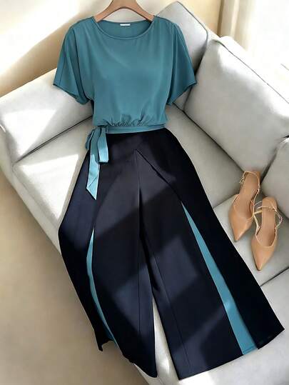 Elenzga 2pcs Set Batwing Sleeve Pants, Fashionable Outerwear For Plus Size Women, Spring/Summer