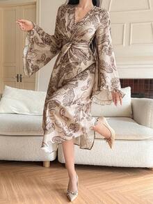 DAZY Women's Elegant Commuter Paisley Print Twist Flare Sleeve Midi Dress - Brown - View 4