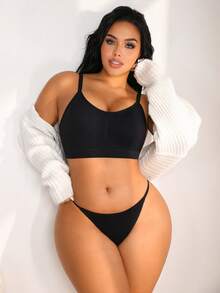 NudeFit 2pcs/Set Plus Size Women Seamless Jacquard Wireless Bra And Thong Panty Set, Casual Minimalist - Black - View 6