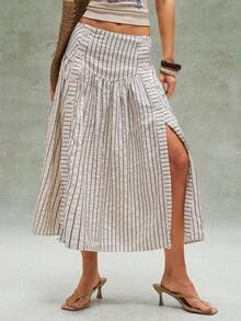Bohemela Women's Summer Casual Vacation Striped Loose-Fitting Slit Cream Yellow A-Line Midi Skirt, Summer Outfits For Women,Free And Relaxed Style Of Dressing,Fasching Women Costume,Beach Outfit,Summer Vacation Outfits - Multicolor - View 9
