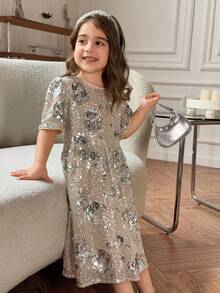 DAZY Young Girl Floral Sequin Decor Round Neck Short Sleeve Elegant Party Dress Vacation - Beige - View 4