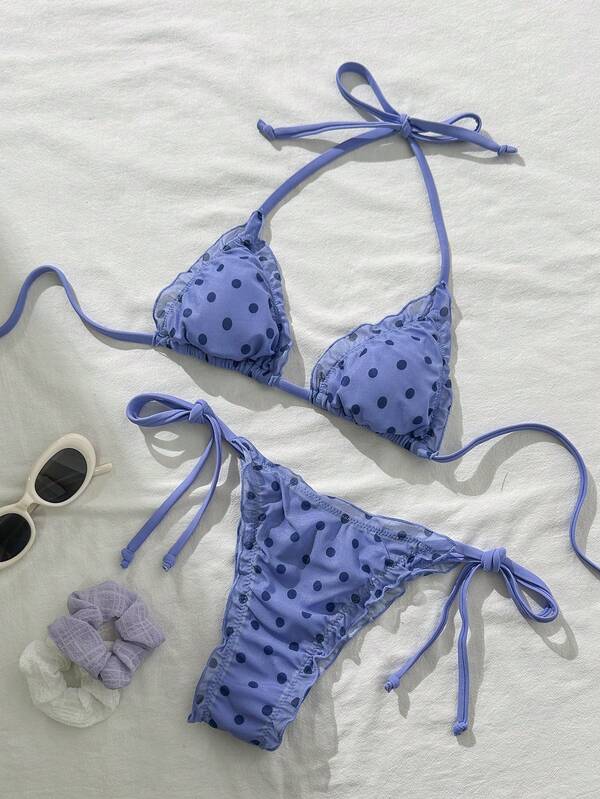 Swim Mod Women's Random Print Halter Floral Trim Bikini Set, Spring/Summer