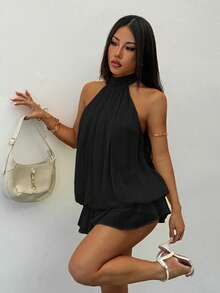 SHEIN PETITE Đầm ngắn không tay, cổ buộc dây, màu vàng nhạt thanh lịch, thích hợp cho tiệc tùng, hẹn hò, mùa thu/đông và xuân/hè. - màu đen - Xem 8