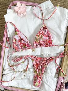 Swim Mod Women's Random Floral Print Halter Metal Jewelry Bikini Set, Spring/Summer - Multicolor - View 2