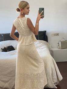 DAZY Women's Round Neck Sleeveless Frill Trim Cardigan And Loose Straight Long Skirt Elegant Vacation Style Knit 2-Piece Set - Apricot - View 5