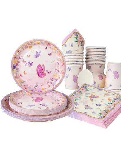 Butterfly Party Tableware Set, 7/9-Inch Disposable Paper Plates, Cups, And Napkins, Featuring Butterfly Plates And Napkins For Party Supplies, Including Plates, Cups, And Patterned Napkins, Suitable For Girls, Ladies, Pink Watering Wedding, Bachelor Party, Bride Gift Giving