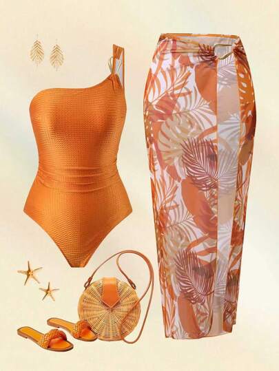 Swim Oasis 2026新款加大码女式夏季枫叶数码印花连体泳衣+裹身裙高端沙滩套装