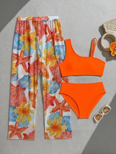 Tween Girls 3-Piece Bikini Sets, Cute Multicolor Shell & Starfish Print Knit Fabric Spaghetti Strap Top And Ruffle Trim Bottoms, Fashionable Elegant Swimwear Suitable For Swimming, Summer Vacation, Beach, Pool, Holiday Party