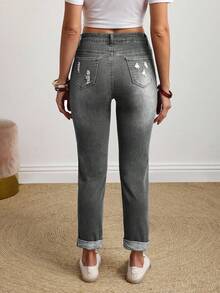 EMERY ROSE Jeans de talla grande con lavado, bordado floral y efecto desgastado - Gris - Ver 2