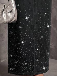 SHEIN BAE Women's Rhinestone Embellished Pocket Long Denim Skirt Party Luxury Diamond Sparkling Pearl - Black - View 4