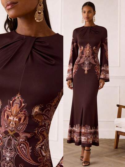 Lilora 女士优雅佩斯利印花圆领喇叭袖连衣裙