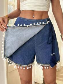 Breezaya Women's Casual Denim Skort With Knot Pom Pom Trim - Blue - View 4