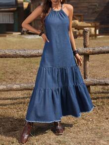 Slaydiva Women's Casual Ruffle Trim Denim Halter Dress For Vacation - Medium Wash - View 4
