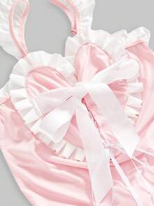 ROMWE Kawaii Bộ jumpsuit phối màu hình trái tim khoét eo trang trí nơ, ngọt ngào và quyến rũ. - Hồng - Xem 3