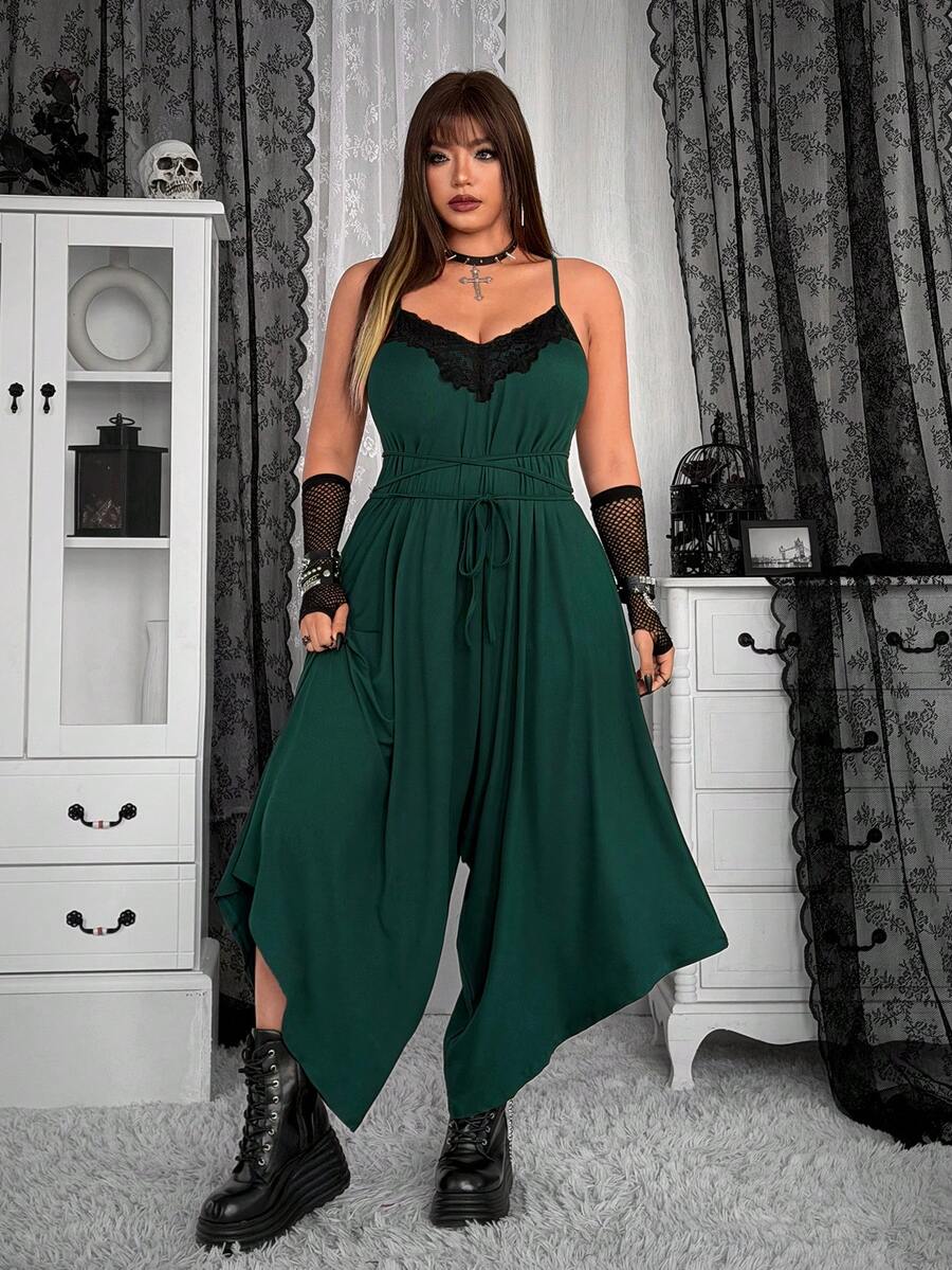 SHEIN Whyspr 大码女式撞色蕾丝宽松连体裤，深色系 - 墨綠色 - 查看 1