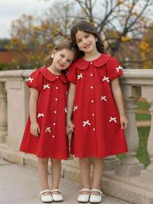 SHEIN Đầm mùa hè kiểu dáng thường ngày cho bé gái, trang trí hình bướm, cài cúc phía trước. - Đỏ - Xem 4