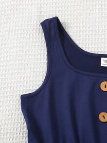 SHEIN Tween Girls' Casual Green Loose Jumpsuit, Suitable For Vacation And Beach - Navy Blue - View 6