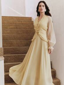 Anewsta 优雅褶皱荷叶边灯笼袖女式连衣裙 - 淡黃色 - 查看 6