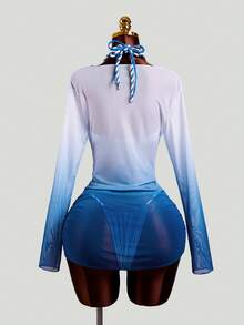 Bonvoyette Women's 3-Piece Set: Handmade Rope Halter Swimwear Top, Side-Tie Bikini Bottom, Ombre Ruffled Cover-Up, Sexy Ladies 3-Piece Swimwear Set - Multicolor - View 6