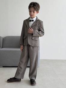 Dazy Kids Tween Boy Plaid Lapel NeckLong Sleeve Jacket And Pants Gentleman Suit Set - Grey - View 3