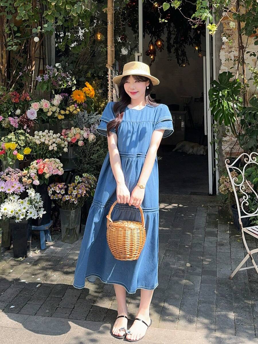 DAZY Women's Round Neck Ruffle Trim Fresh Korean Style Vacation Atmosphere Denim Dress - Blue - View 1