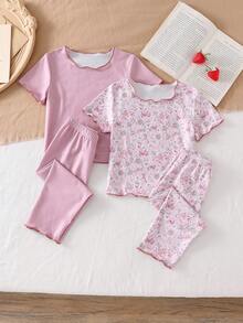 Baby Girls' Ditsy Floral Ribbed Fabric Short Sleeve Pajama Set With Ruffle Hem, Dusty Rose Floral Pajama Set Girls Sleepwear Girls Pajama Set - Dusty Pink - View 6