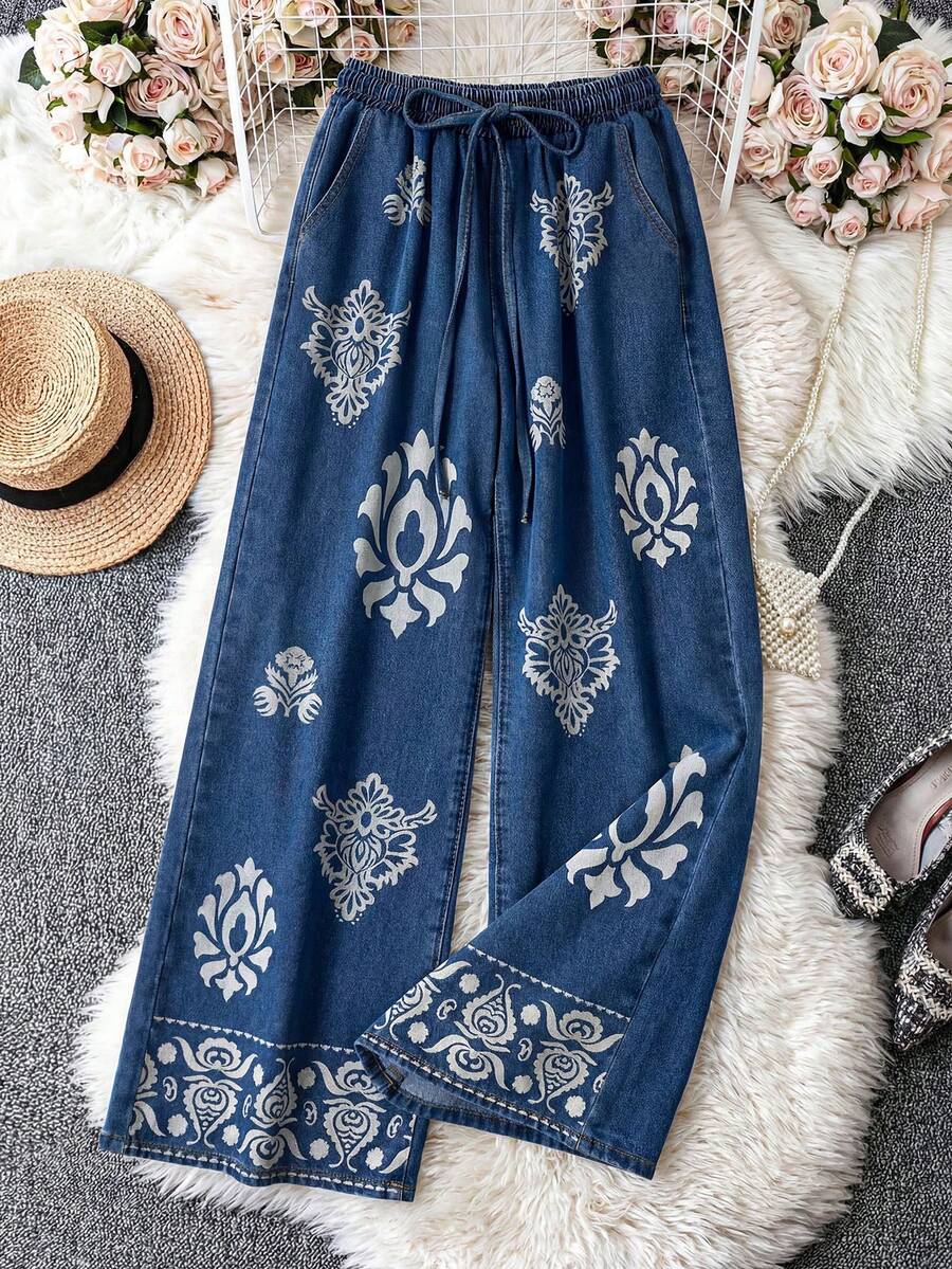 GlowEve Women's Casual Retro Printed Wide Leg Jeans - Blue - View 1