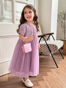 DAZY Young Girl Round Neck Puff Sleeve Little Lace Tulle Dress, Fall Outfit - Purple - View 1