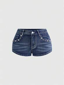 ROMWE Quần short denim nữ cạp thấp siêu ngắn thêu họa tiết nốt nhạc phong cách Y2K. - Rửa tối - Xem 2