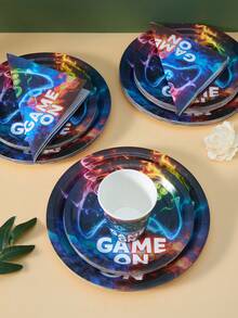 100-Piece Flame Game Machine Party Tableware Set, 7/9-Inch Disposable Paper Plates, Game Machine-Themed Party Decorative Paper Plates, Paper Cups, And Napkins, Disposable Paper Plates, Paper Cups, And Paper Towels, Game Machine-Themed Party Supplies - Multicolor - View 5