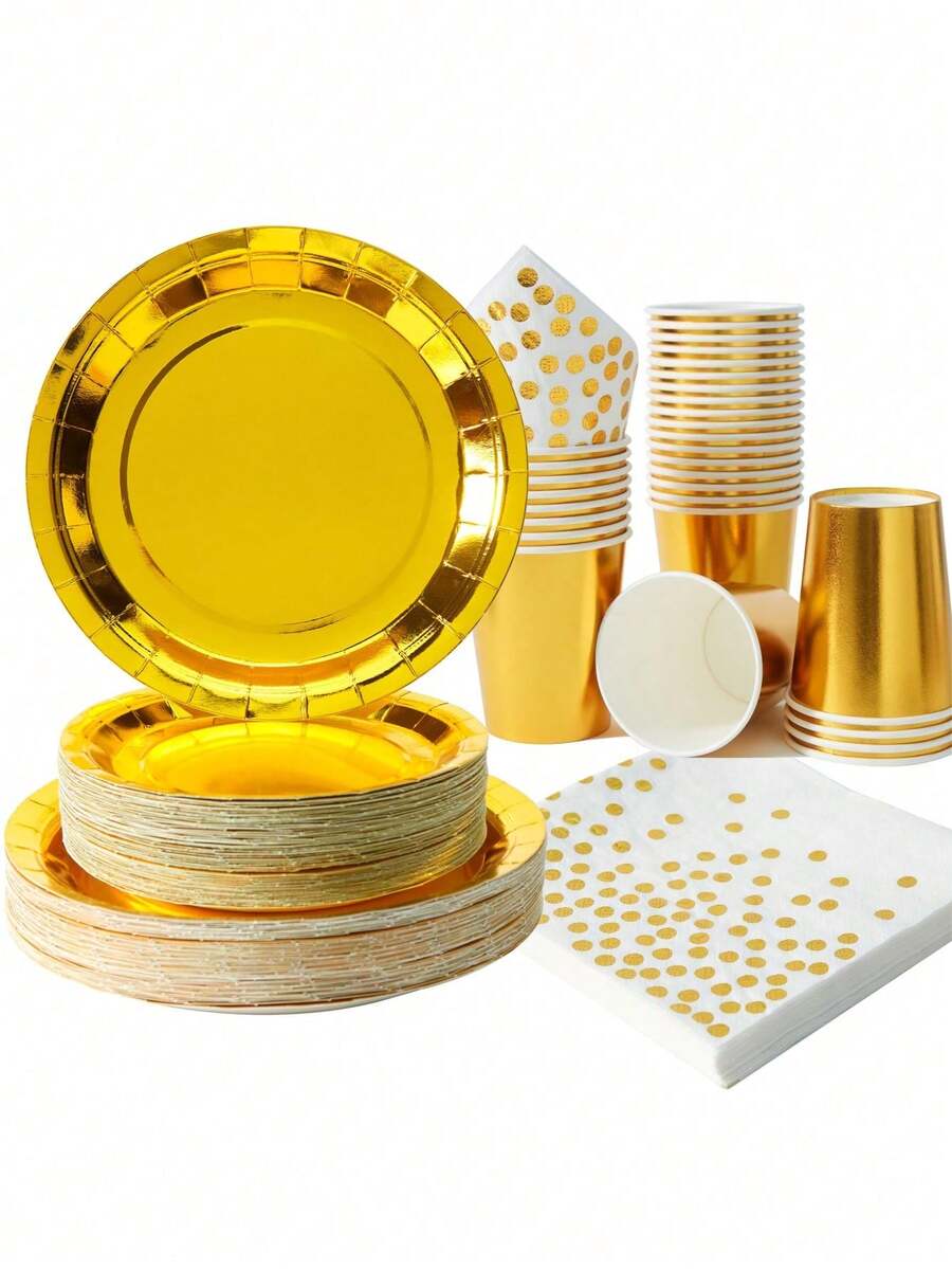 Bộ đồ dùng tiệc dùng một lần màu vàng kim, bộ đĩa, cốc và khăn ăn màu vàng kim, cốc giấy, đĩa giấy và khăn ăn dùng một lần cho tiệc kỷ niệm, tốt nghiệp, sinh nhật, trang trí tiệc, đồ dùng tiệc màu vàng kim. - Nhiều màu - Xem 1