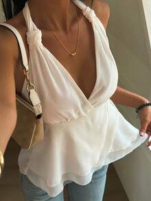 DAZY Camiseta sin mangas con cuello halter en V profundo, bajo con volantes y unicolor, atuendo de crucero de verano para mujeres - Albaricoque - Ver 5