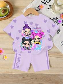 Bộ 2 món gồm áo thun ngắn tay cổ tròn và quần short cùng màu, kiểu dáng K-Pop hoạt hình hình trái tim, dành cho bé gái mặc hàng ngày và đi nghỉ mát. Bộ áo thun màu tím. - Hồng - Xem 4