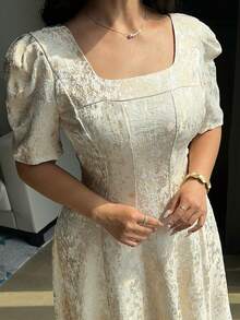 Dazy Plus Plus Size Elegant Jacquard Petal Sleeve Dress For Summer Maxi Dress Sundress - Apricot - View 2