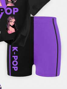 Spring And Summer Young Girl Casual Fashion Creative Personalized Refreshing Minimalist Cool Virtual Girl Group Striped Purple & Black Graphic Letter Slogan Print Casual T-Shirt And Bike Shorts Set, Comfortable Daily Wear. Cozy Summer And Fall Styles Suitable For Girls, Atmosphere-Inspired Casual And Sportswear Outfits, Sets - Multicolor - View 4
