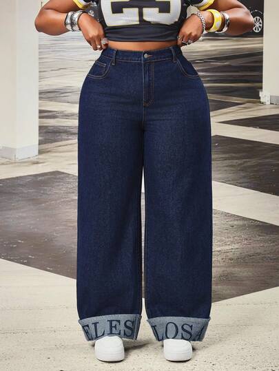 Slaydiva Plus Size Women High Waist Loose Fit Vintage Washed Denim Wide Leg Jeans