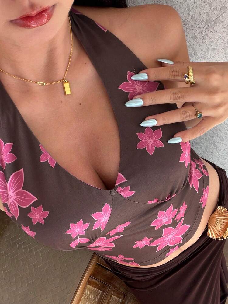 Floral Print Halter Neck Camisole Top With Built-In Bra Pad For Women, Suitable For Vacation