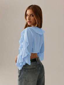 SHEIN SXY Black Top;Fall Women Clothes;Crop Tops;Holiday Costume Party Gathering Black Mesh See-Through Lotus Leaf Strap Deep V Neck Women Sexy Long Sleeve Shirt - Blue - View 2