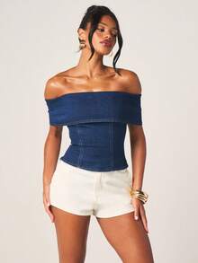 MISSGUIDED Áo croptop denim co giãn trễ vai dành cho nữ, có chi tiết gập vạt, màu xanh denim trung bình, kiểu dáng thời trang mùa thu, thích hợp mặc thường ngày. - Màu xanh lam - Xem 5