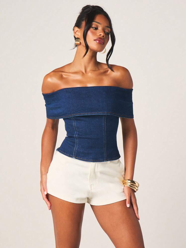 MISSGUIDED Off Shoulder Denim Bardot Top With Fold Detail
