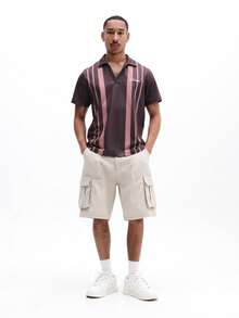 SUMWON Slim Fit Striped Polo Shirt Short Sleeve V-Neck Collared Summer Casual Men's Fashion Burgundy Pink Vertical Stripes Classic - Brown - View 4