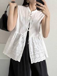FRIFUL Blusa sin mangas con volantes y lazo bordado para mujer - Blanco - Ver 7